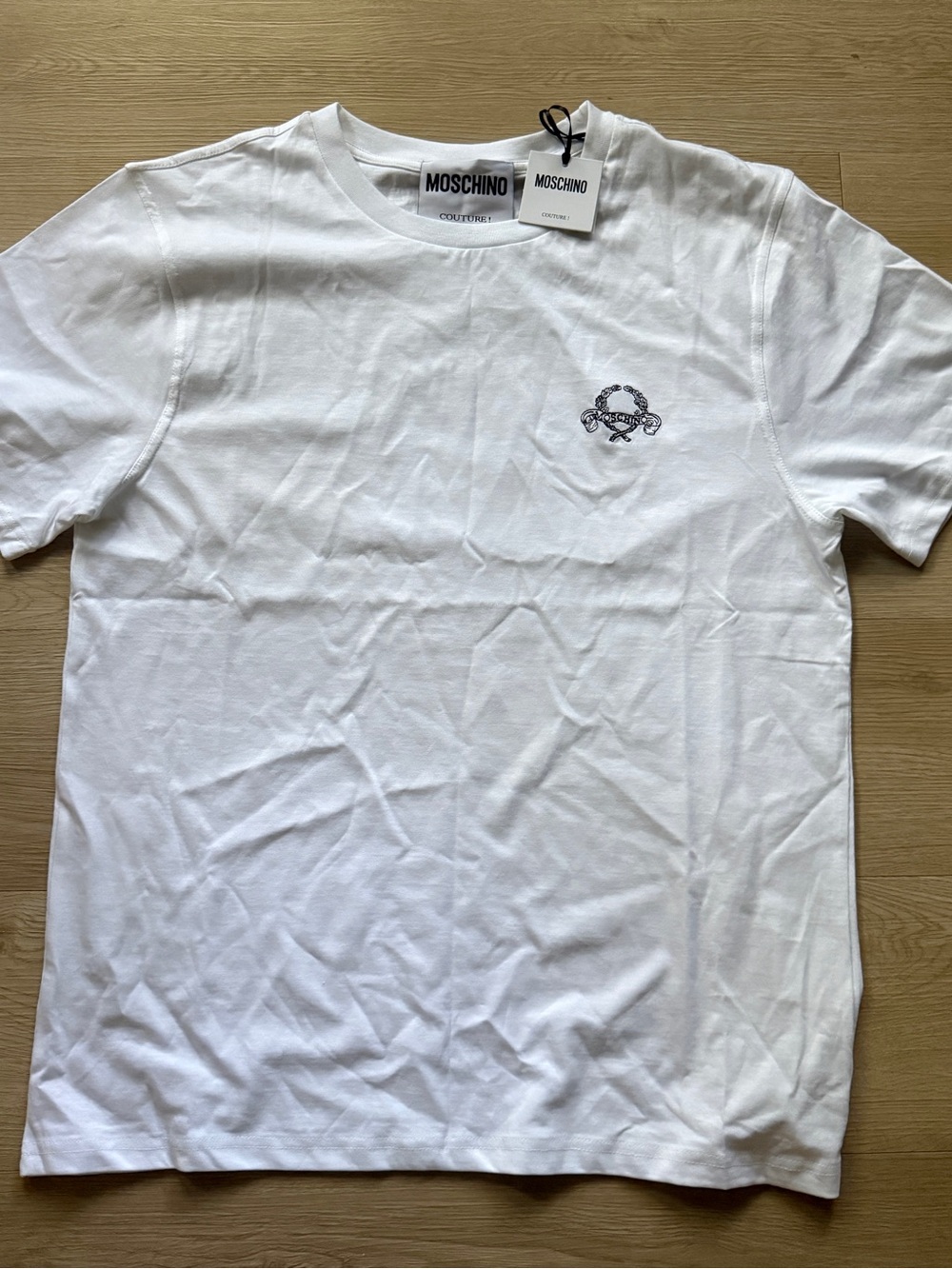 Moschino White Crewneck T-Shirt with Small Chest Emblem